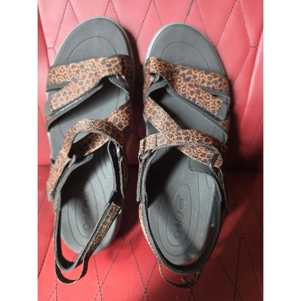 Orthofeet Women's Black/Brown Animal Print Strappy Sandals US 9 B Medium